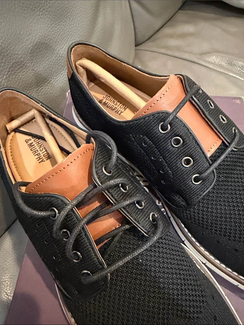 Johnston & Murphy Black Knit Oxfords with Tan Accents